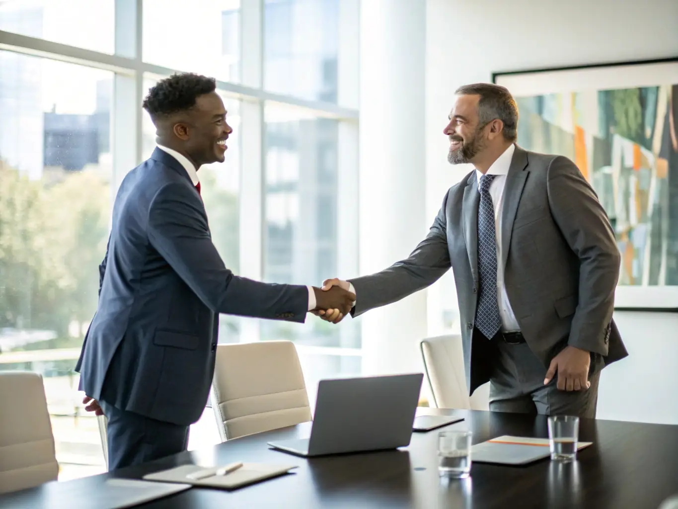 A digital illustration depicting a consultant in a business suit shaking hands with a client, symbolizing the Consultation and Strategy service offered by ChatterIQ.
