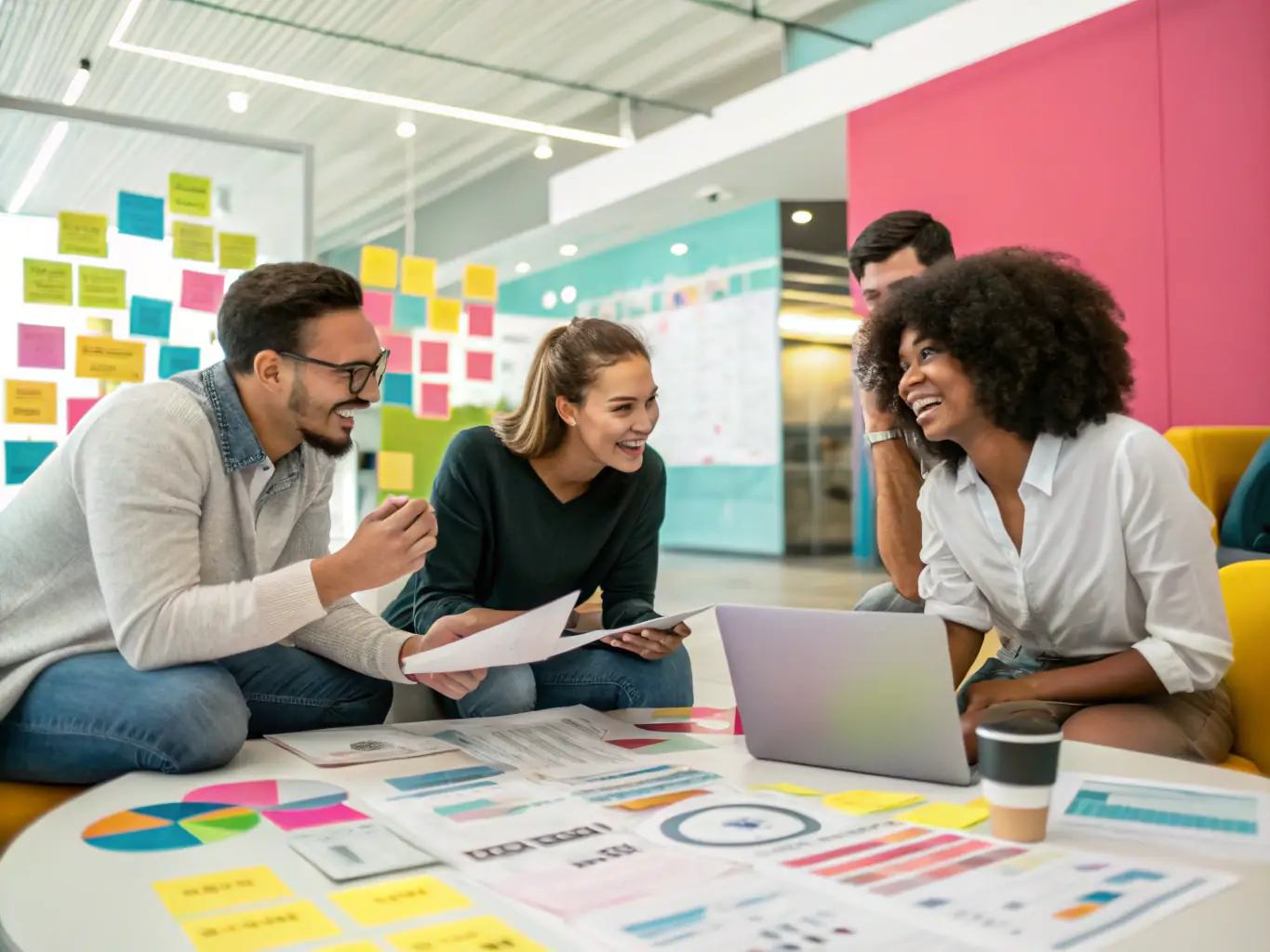 A digital illustration of a team collaborating on an outbound call campaign, showcasing ChatterIQ's Outbound Call Campaigns service.