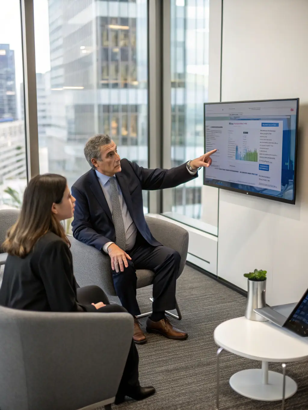 A consultant discussing AI strategy with a client in a meeting room, illustrating consultation and strategy services.