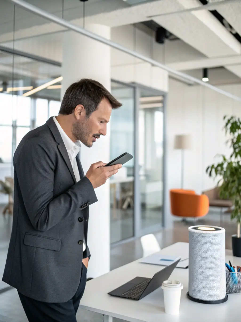 A professional AI virtual assistant answering a phone call in a modern office setting, showcasing inbound call automation.